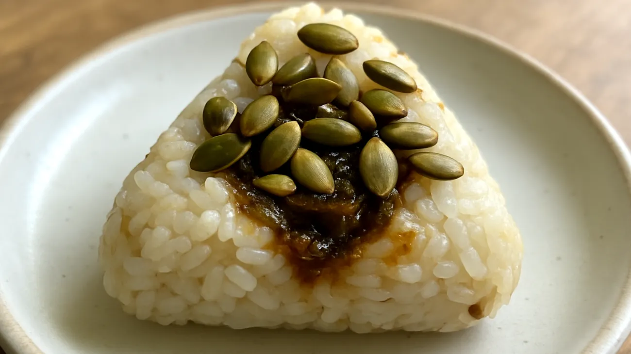 Miso-Algen-Onigiri mit gerösteten Kürbiskernen"