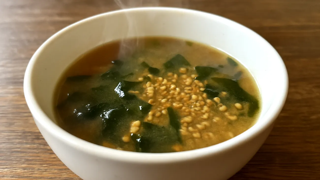 Miso-Suppe mit Wakame-Algen und geröstetem Buchweizen"