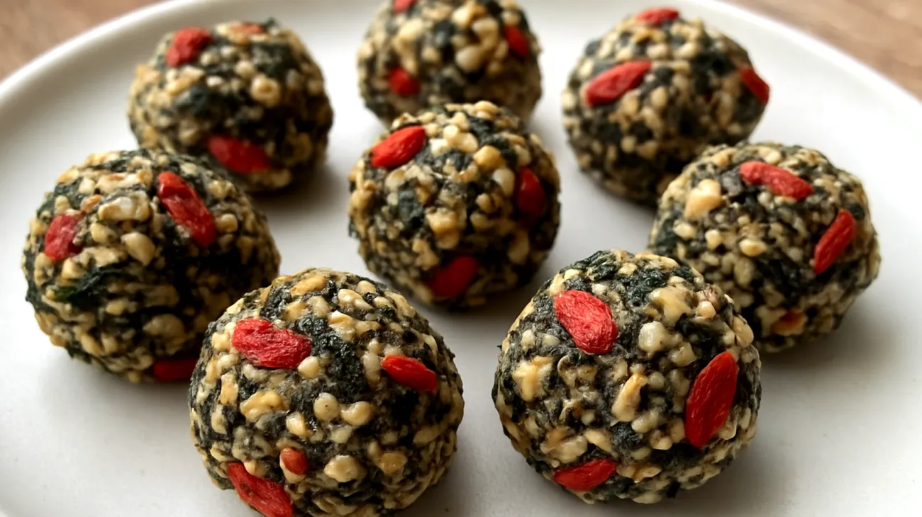 Buchweizen-Nori-Balls mit Walnüssen und Goji-Beeren"