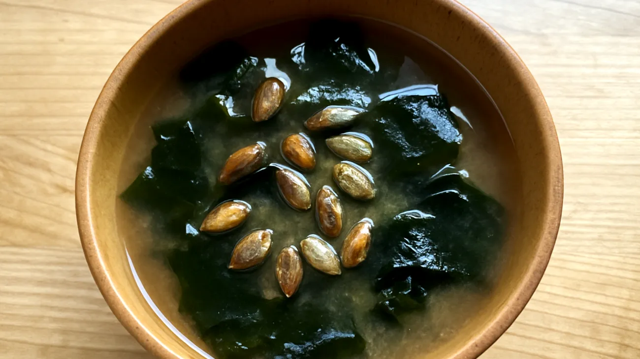 Miso-Suppe mit Wakame-Algen und gerösteten Kürbiskernen"