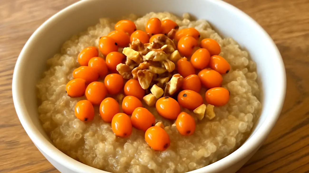 Quinoa-Porridge mit Sanddornbeeren und Walnüssen"